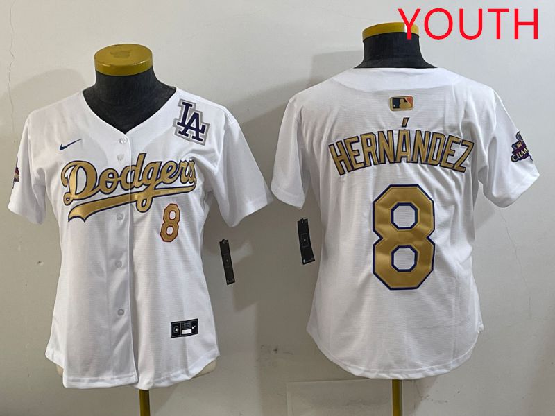 Youth Los Angeles Dodgers #8 Hernandez White Gold Game Nike 2025 MLB Jersey style 4294->youth mlb jersey->Youth Jersey